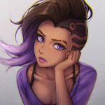  1girl alternate_costume asymmetrical_hair breasts brown_hair casual cleavage closed_mouth collarbone dark_skin eyelashes gradient gradient_hair hand_on_own_chest hand_on_own_head hand_up head_rest lips lipstick long_hair makeup mascara mole mole_under_eye multicolored_hair overwatch portrait purple_hair purple_lips purple_lipstick purple_shirt shirt solo sombra_(overwatch) two-tone_hair umigraphics undercut violet_eyes 