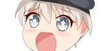  +_+ 1girl blue_eyes close-up hat kantai_collection looking_at_viewer no_nose open_mouth sailor_hat short_hair silver_hair simple_background sin-poi solo sparkling_eyes symbol-shaped_pupils white_background z1_leberecht_maass_(kantai_collection) 