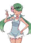  1girl ;d apron bangs bare_shoulders breasts collarbone cropped_legs dark_skin eyebrows_visible_through_hair flower flower_on_head green_eyes green_hair hair_flower hair_ornament hand_on_hip highres hips ladle mallow_(pokemon) one_eye_closed open_mouth pink_shirt pokemon pokemon_(game) pokemon_sm shirt simple_background sleeveless sleeveless_shirt smile solo supernew swept_bangs thighs trial_captain twintails white_background 