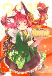  1girl 2017 :3 adapted_costume animal_ears black_bow black_legwear black_skirt bow bracelet braid cake cat_ears cat_tail floral_print food green_kimono hair_bow hair_ribbon hall_jion japanese_clothes jewelry kaenbyou_rin kimono kimono_skirt long_hair looking_at_viewer new_year one_eye_closed petticoat plate pleated_skirt red_eyes redhead ribbon skirt smile solo tail thigh-highs touhou twin_braids wide_sleeves zettai_ryouiki 