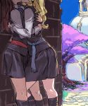  2girls against_wall akko_kagari archvermin arms_around_waist blonde_hair brown_hair diana_cavendish head_out_of_frame highres hug kiss kneehighs little_witch_academia multiple_girls school_uniform skirt tree yuri 