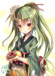  1girl blush brown_eyes flower flower_knight_girl gift green_hair green_kimono hair_flower hair_ornament hairclip japanese_clothes kimono long_hair looking_at_viewer ponytail sankaku_saboten_(flower_knight_girl) solo sorimura_youji 