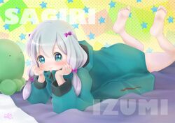  1girl aqua_eyes bare_legs barefoot blue_eyes blush coat ero_manga_sensei hair_ornament hair_ribbon hands_on_own_cheeks hands_on_own_face hood izumi_sagiri long_hair long_sleeves low_twintails lying on_stomach ribbon silver_hair smile soles solo star twintails 