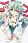  1girl :d blurry blush bottle box breasts chocolate chocolate_heart cleavage clothes_grab collarbone depth_of_field detached_sleeves eyebrows_visible_through_hair fate/grand_order fate_(series) fingernails food gradient gradient_background green_hair hair_ornament half-closed_eyes heart highres holding holding_food horns ikura_nagisa japanese_clothes kimono kiyohime_(fate/grand_order) light_particles liquid long_hair long_sleeves looking_at_viewer open_mouth out_of_frame pants pov pov_feeding red_ribbon ribbon shiny shiny_hair sitting smile solo_focus spill tongue valentine white_legwear white_pants wide_sleeves yellow_eyes 