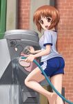  1girl anglerfish ass bangs barefoot blue_shorts brown_eyes brown_hair commentary_request emblem girls_und_panzer ground_vehicle gym_shirt gym_shorts gym_uniform highres holding hose looking_at_viewer looking_back military military_vehicle motor_vehicle nishizumi_miho open_mouth pantylines rag shirt short_hair short_shorts short_sleeves shorts single_vertical_stripe smile solo standing t_k tank water white_shirt 