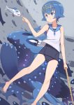  1girl barefoot blue_eyes blue_hair blush fishing_rod gamuo hairband one-piece_swimsuit pokemon pokemon_(game) pokemon_sm short_hair sleeveless smile suiren_(pokemon) swimsuit trial_captain wishiwashi 