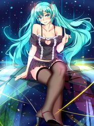  1girl aqua_eyes aqua_hair blush bra_strap cleavage_cutout collarbone hatsune_miku high_heels index_finger_raised legs_crossed long_hair midriff muko_(kokia38) sitting skirt smile solo thigh-highs twintails very_long_hair vocaloid 