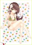  1girl ;) absurdres bangs bare_legs barefoot blunt_bangs blush bow bow_bra bra breasts brown_hair cherry cleavage closed_mouth collarbone commentary_request eyebrows_visible_through_hair flower food fork fruit full_body gochuumon_wa_usagi_desu_ka? green_bow green_bra green_eyes green_panties hair_flower hair_ornament heart highres large_breasts legs_crossed long_hair looking_at_viewer macaron nanakusa_(user_rnpt7322) one_eye_closed outline panties polka_dot polka_dot_background purple_bow sidelocks smile solo star stomach ujimatsu_chiya underwear underwear_only white_outline 