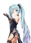  1girl aqua_eyes aqua_hair ass black_gloves black_legwear dress elbow_gloves from_side garter_belt gloves hatsune_miku highres lace lace-trimmed_thighhighs lace_gloves long_hair looking_at_viewer lunacle one_eye_closed scrunchie smile solo tattoo thigh-highs twintails vocaloid 