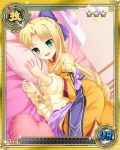  1girl artist_request bed blonde_hair card_(medium) curly_hair detached_sleeves dress enjutsu green_eyes koihime_musou long_hair lying on_side open_mouth pillow ribbon smile solo very_long_hair 