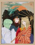  3girls demi-chan_wa_kataritai highres japanese_clothes kimono kusakabe_yuki_(demi-chan_wa_kataritai) machi_kyouko multiple_girls ormille parasol parody samurai smile style_parody takanashi_hikari umbrella yukata 