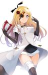  1girl black_gloves blonde_hair blue_eyes boots box elbow_gloves eyepatch floating_hair gift gift_box gloves hair_ornament highres holding holding_box little_noah long_hair noah_(little_noah) simple_background solo standing thigh-highs thigh_boots tongue very_long_hair w white_background yashima_takahiro 