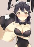  1girl ahoge animal_ears ass bare_shoulders blush bow bowtie breast_hold breasts brown_eyes bunny_girl bunny_tail bunnysuit cleavage collarbone commentary_request covered_navel detached_collar embarrassed fake_animal_ears highres kantai_collection large_breasts long_hair looking_at_viewer rabbit_ears solo tail ushio_(kantai_collection) wrist_cuffs yamato_(muchuu_paradigm) 