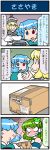  3girls 4koma ^_^ anger_vein angry black_hat black_vest blonde_hair blue_eyes blue_hair blue_vest box cardboard_box clenched_teeth closed_eyes comic commentary_request crescent crossed_arms detached_sleeves eyebrows_visible_through_hair frog_hair_ornament green_hair hair_ornament hair_tubes hat heterochromia highres kochiya_sanae long_hair lunasa_prismriver mizuki_hitoshi multiple_girls musical_note open_mouth quaver red_eyes short_hair smile snake_hair_ornament sweatdrop tatara_kogasa teeth touhou translation_request vest whistle whistling 