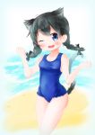  1girl absurdres animal_ears beach black_hair blue_eyes blush breasts cat_ears cat_tail highres hip_focus midriff minya_(nyanko_daisensou) nyanko_daisensou one_eye_closed school_swimsuit swimsuit tail user_msag3782 