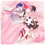  2girls bare_legs barefoot bed_sheet black_dress blue_eyes blue_hair book closed_eyes doremy_sweet dream_soul dress hat imokichi kishin_sagume lying multiple_girls nightcap pillow pom_pom_(clothes) purple_dress silver_hair single_wing sleeping socks tail touhou under_covers white_legwear white_wings wings 