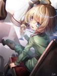  1girl ahoge artist_name bangs blonde_hair blue_eyes boots chair chess_piece dutch_angle from_behind highres holding knee_boots legs_together long_sleeves looking_at_viewer looking_back military military_uniform nutcracker open_mouth pawn reflection saraki signature sitting smile solo tanya_degurechaff teeth uniform youjo_senki 