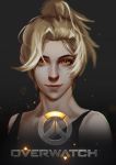  1girl absurdres alternate_eye_color bare_shoulders blonde_hair closed_mouth collarbone copyright_name emblem eyelashes eyeliner eyeshadow high_ponytail highres logo looking_at_viewer makeup mascara mercy_(overwatch) nose overwatch pink_lips ponytail portrait short_ponytail sleeveless smile solo tank_top upper_body xiaoxiaoxiaomo yellow_eyes 
