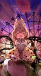  1girl ^_^ amusement_park animal_ears animal_print blonde_hair bow bowtie capelet cat_ears closed_eyes clouds cloudy_sky commentary_request cross-laced_clothes damaged dilapidated dusk elbow_gloves ferris_wheel gloves highres kemono_friends leopard_print moss open_mouth print_bow print_gloves print_skirt roller_coaster serval_(kemono_friends) shikei_(jigglypuff) shiny shiny_hair short_hair skirt sky sleeveless smile solo spinning_teacup 