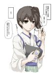  adjusting_hair brown_eyes brown_hair cellphone elf_(stroll_in_the_woods) highres japanese_clothes kaga_(kantai_collection) kantai_collection long_hair muneate phone side_ponytail smartphone smartphone_case tasuki translation_request 