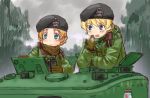  2girls beret binoculars blonde_hair blue_eyes blush brown_hair churchill_(tank) darjeeling girls_und_panzer gloves ground_vehicle hat hatch military military_vehicle motor_vehicle multiple_girls orange_pekoe scarf sketch tank uona_telepin 