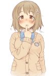  1girl 7010 blue_bow blush bow bowtie brown_eyes brown_hair cardigan finger_licking finger_to_mouth flower hair_flower hair_ornament heart idolmaster idolmaster_cinderella_girls licking looking_at_viewer mimura_kanako school_uniform short_hair solo tongue tongue_out 