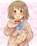  1girl 7010 :d blue_bow blush bow bowtie breasts brown_eyes brown_hair cardigan flower food hair_flower hair_ornament heart heart_background idolmaster idolmaster_cinderella_girls looking_at_viewer macaron mimura_kanako open_mouth pink_background school_uniform short_hair smile solo 