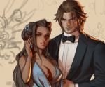  1boy 1girl ana_(overwatch) breasts brown_hair captain_amari dark_skin et.m eyepatch facial_tattoo formal hair_ornament hat long_hair looking_at_viewer mccree_(overwatch) mission:_impossible overwatch smile suit tattoo younger 