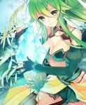  1girl ange_vierge bare_shoulders breasts cleavage detached_sleeves fingerless_gloves gloves green_eyes green_hair hair_between_eyes long_hair manyako_(mohumohu) sitting smile solo 