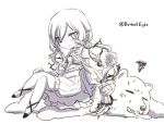  1girl bear chibi defeat drill_hair elf legs_crossed long_hair mahou_shoujo_ikusei_keikaku melville monochrome pointy_ears sister_nanasi sitting solo 