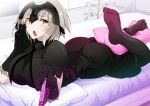  1girl ass bed blonde_hair blush breasts chocolate fate/grand_order fate_(series) feet hair_ornament jeanne_alter looking_at_viewer lying no_shoes on_stomach open_mouth pillow ruler_(fate/apocrypha) short_hair soles thigh-highs valentine vane yellow_eyes 
