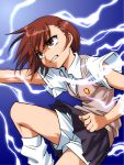  1girl blue_background blue_skirt brown_eyes brown_hair brown_sweater collared_shirt commentary_request electricity emblem grimace hair_ornament hairpin hawawani looking_to_the_side loose_socks miniskirt misaka_mikoto pleated_skirt school_uniform shirt shorts shorts_under_skirt skirt socks solo sweater_vest to_aru_kagaku_no_railgun to_aru_majutsu_no_index white_legwear white_shirt white_shorts 