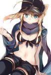  1girl absurdres arm_support bangs baseball_cap bikini black_bikini black_legwear black_shorts blonde_hair blue_scarf blurry blush breasts closed_mouth depth_of_field dutch_angle fate/grand_order fate_(series) front-tie_bikini front-tie_top hair_between_eyes hand_up hat heroine_x highres long_hair looking_at_viewer medium_breasts ponytail ranf saber scarf short_shorts shorts side-tie_bikini sidelocks simple_background sitting smile solo swimsuit thigh-highs white_background 