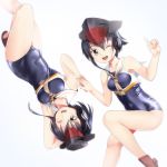  2girls ;d ankle_boots arm_up armpits bare_arms bare_legs bare_shoulders black_hair black_hat blue_swimsuit boots breasts brown_boots brown_eyes collarbone covered_navel crop_top eyebrows_visible_through_hair full_body hair_between_eyes hat highres i-13_(kantai_collection) i-14_(kantai_collection) index_finger_raised kantai_collection looking_at_viewer medium_breasts multiple_girls no_socks one_eye_closed open_mouth open_toe_shoes sailor_collar shiny shiny_skin shoes simple_background skin_tight sleeveless smile swimsuit upside-down yasume_yukito 