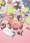  2boys 5girls :d absurdres ahoge arm_up arms_behind_back bat_hair_ornament black_hair black_legwear black_ribbon blonde_hair blue_eyes bow bowtie brown_jacket character_request cross_hair_ornament eyebrows_visible_through_hair facial_hair fang formal gabriel_dropout hair_ornament hand_on_head helmet highres holding holding_helmet holding_weapon kneeling kurumizawa_satanichia_mcdowell legs_crossed long_hair miniskirt multiple_boys multiple_girls mustache neck_ribbon one_leg_raised open_mouth outstretched_arms parted_lips pink_sweater pleated_skirt red_bow red_skirt ribbon school_uniform scythe shiraha_raphiel_ainsworth shirt silver_hair sitting skirt smile standing star_pillow sweater tenma_gabriel_white tsukinose_vignette_april weapon white_shirt yellow_eyes 