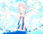  1boy ;d belt blue_eyes blue_sky clouds cloudy_sky confetti cowboy_shot day idol idolmaster idolmaster_side-m jacket kabuto_daigo male_focus nemuko_(bratboy) one_eye_closed open_clothes open_jacket open_mouth pink_hair short_hair sky smile solo string_of_flags striped sweat vertical_stripes 