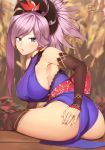  1girl armpits ass autumn autumn_leaves bangs bare_shoulders black_legwear blue_eyes blurry blush breasts closed_mouth deep_skin depth_of_field detached_sleeves earrings eyebrows_visible_through_hair eyelashes falling_leaves fate/grand_order fate_(series) fingernails floral_print from_behind hair_ornament hand_on_own_thigh high_ponytail highres hip_bones japanese_clothes jewelry k_jin kimono large_breasts leaning_forward looking_at_viewer looking_back miyamoto_musashi_(fate/grand_order) obi outdoors pelvic_curtain ponytail purple_hair sash sideboob signature sleeveless solo swept_bangs thigh-highs 