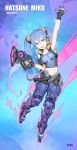  1girl absurdres arm_up armpits artist_name bare_shoulders black_gloves blue_eyes blue_hair blue_shirt bracer breasts character_name commentary cosplay finger_on_trigger fingerless_gloves full_body gloves gradient gradient_hair gun hair_between_eyes hair_ornament hand_up hatsune_miku headphones highres holding holding_gun holding_weapon hose inline_skates long_hair looking_at_viewer lucio_(overwatch) lucio_(overwatch)_(cosplay) medium_breasts midriff multicolored_hair navel open_mouth overwatch purple_hair roller_skates shirt skates sleeveless smile sohn_woohyoung solo star star-shaped_pupils stomach symbol-shaped_pupils tank_top teeth twintails very_long_hair vocaloid waving weapon 