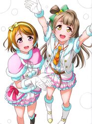  2girls absurdres arms_up boots bow brown_eyes brown_hair earrings frilled_skirt frills from_above gloves hair_bow hairband heart heart_earrings highres jewelry koizumi_hanayo long_hair love_live! love_live!_school_idol_project minami_kotori multiple_girls murota_yuuhei necktie pink_hair short_hair skirt white_boots white_gloves 