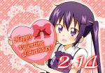  1girl :d bangs blush bow bowtie collared_shirt commentary_request dated english gochuumon_wa_usagi_desu_ka? hair_ornament hairclip happy_birthday heart holding_heart long_hair looking_at_viewer lowres open_mouth polka_dot polka_dot_background purple_bow purple_bowtie purple_hair purple_vest rabbit_house_uniform red_bow shirt short_sleeves sidelocks smile solo striped striped_background tedeza_rize twintails upper_body valentine vest violet_eyes white_shirt yuuki_sonisuke 