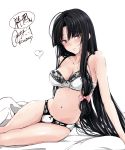  1girl bangs bed_sheet black_hair blush bow bra breasts cleavage hair_bow heart kantai_collection lace lace-trimmed_bra long_hair looking_at_viewer medium_breasts navel panties rizzl shouhou_(kantai_collection) simple_background sitting solo underwear underwear_only very_long_hair violet_eyes white_background white_bra white_panties 