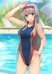  1girl :d alternate_costume armpits arms_up blurry brown_eyes competition_swimsuit cowboy_shot day depth_of_field hairband hand_on_hip highleg highleg_swimsuit highres kantai_collection long_hair looking_at_viewer one-piece_swimsuit open_mouth outdoors pool revision shoukaku_(kantai_collection) silver_hair smile soil_chopsticks solo swimsuit water 