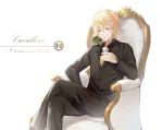  1boy blonde_hair brown_eyes chair dino ekira_nieto enzo_(reborn) formal glass highres katekyo_hitman_reborn looking_at_viewer male_focus necktie sitting suit turtle white_background 