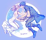  1boy 1girl black_hair black_jacket blonde_hair blue_sky boots closed_eyes couple cross-laced_footwear dress final_fantasy final_fantasy_xv floating full_moon gloves hand_on_another&#039;s_face hetero jacket lace-up_boots looking_at_another lunafreya_nox_fleuret moon nentan noctis_lucis_caelum ponytail single_glove sky sleeveless sleeveless_dress smile twitter_username white_dress 