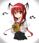  :o armband bat_wings black_dress blush book chestnut_mouth collared_shirt commentary_request dress eyebrows_visible_through_hair eyes_visible_through_hair hair_between_eyes head_wings highres holding holding_book koakuma long_hair long_sleeves looking_at_viewer pentagram red_eyes redhead shirt sidelocks simple_background slit_pupils touhou translation_request upper_body usagi_(touhopu2) vignetting white_background white_shirt wings 