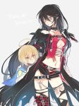  1boy 1girl ahoge bandage belt black_hair blonde_hair breasts cape collarbone green_eyes heke laphicet_(tales) navel tales_of_(series) tales_of_berseria torn_clothes under_boob velvet_crowe yellow_eyes 