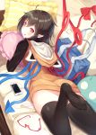  1girl ahoge ass asymmetrical_wings bag bangs black_hair black_legwear cellphone couch dress eyebrows_visible_through_hair frilled_pillow frills from_behind hair_between_eyes heart heart_pillow highres hood hoodie houjuu_nue igakusei iphone looking_at_viewer looking_back lying no_shoes on_couch on_stomach open_mouth phone pillow pointy_ears red_eyes red_ribbon ribbon school_bag short_hair shoulder_bag smartphone smile snake solo striped_pillow sweatdrop sweater sweater_dress thigh-highs thighs toes touhou wings zettai_ryouiki 