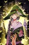  1boy androgynous blue_eyes braiding_hair butterfly collarbone feathers hairdressing half-closed_eyes hat highres long_hair magi_the_labyrinth_of_magic outstretched_hand pectorals plant ponita silver_hair smile solo staff very_long_hair vines witch_hat yunan 