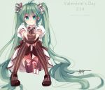  1girl absurdres ahoge aqua_eyes character_name dated full_body gift green_hair hair_ribbon hatsune_miku highres long_hair looking_at_viewer mary_janes ribbon shoes sitting smile solo striped striped_legwear thigh-highs twintails valentine vertical-striped_legwear vertical_stripes very_long_hair vocaloid 
