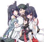  &gt;_&lt; 5girls arm_warmers bare_shoulders blush braid closed_eyes commentary_request detached_sleeves embarrassed fusou_(kantai_collection) girl_sandwich hair_ornament hair_over_shoulder hairband headgear hug kantai_collection kuon_(nokokopopo) long_hair long_sleeves mogami_(kantai_collection) multiple_girls nontraditional_miko obi open_mouth pleated_skirt red_eyes ribbon sandwiched sash school_uniform serafuku shigure_(kantai_collection) shirt short_hair silver_hair single_braid skirt smile suspenders twintails white_shirt yamagumo_(kantai_collection) yamashiro_(kantai_collection) 